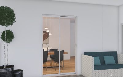 Terrasse moderne avec canapé, porte vitrée ouvrant sur salle à manger