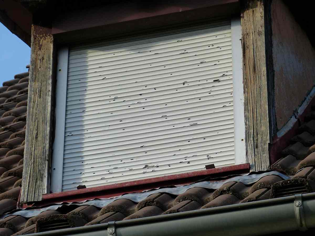 Fenêtre à volet roulant encastrée dans un toit de tuiles avec gouttière Fenêtre à volet roulant encastrée dans un toit de tuiles avec gouttière
